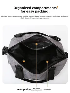Detailed interior view of a grey travel bag showing internal pockets and a dry-wet separation bag