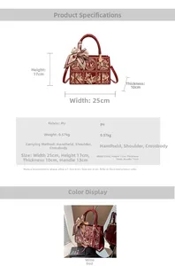 Spécifications de taille et vue d'un sac à main en cuir PU bordeaux avec broderie