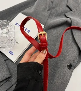 Detail of red leather shoulder strap with gold adjustable buckle on gray suit background