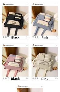 Detail view of Oxford cloth tote bags in four colors with functional front pockets and plush charm