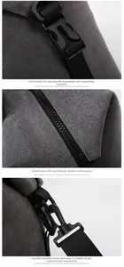 Detail view of durable black buckle, resin zipper, and detachable hook on travel bag