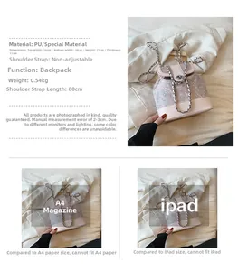 Detailed size comparison of pink floral backpack showing dimensions and capacity specs
