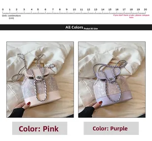Detail of pink and purple tweed bucket backpacks with chain straps and metal clasps