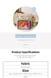 Detail of beige Oxford cloth tote showing large capacity and 33x13x32cm dimensions