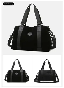 Three-view detail of a black large travel bag showing logo, straps and back zip pocket