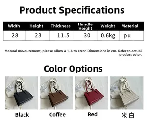 Detailed size chart and four-color display of quilted PU leather tote bag with dimensions
