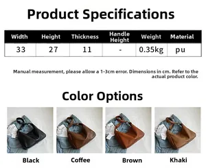 Size chart and dimensions for large PU leather dumpling bag with four color options