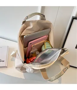 Vue intérieure du sac à dos en nylon crème avec bretelles brodées de motifs floraux