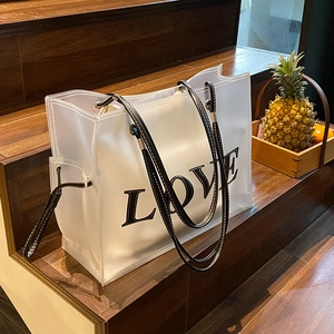 Women Large Capacity PVC Transparent Tote Bag LOVE Print Jelly Shoulder Bag with Inner Pouch Beach Travel Casual