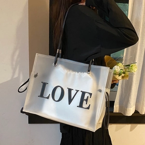 Large capacity transparent PVC tote bag with LOVE logo and inner pouch for women