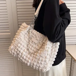 Women Popcorn Texture Large Capacity Tote Bag Pleated Fabric Shoulder Bag With Artificial Pearl Metal Chain For Casual Daily Travel