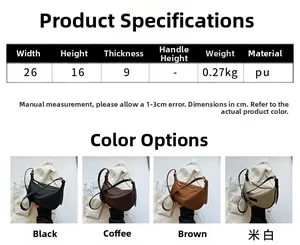 Detailed size specifications of the PU leather crescent bag with color options and dimensions