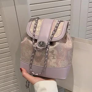 Women's Mini Splicing Tweed PU Leather Backpack Elegant Floral Jacquard Bucket Bag With Metal Chain Strap Rotating Lock
