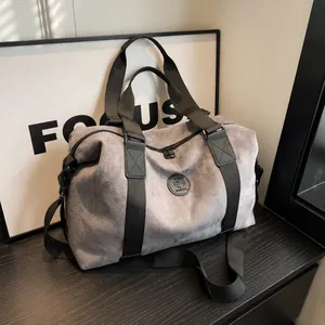 Women Large Capacity Shoulder Bag Canvas Suede Look Travel Bag For Fitness Yoga Casual Crossbody Tote Handbag Solid Color
