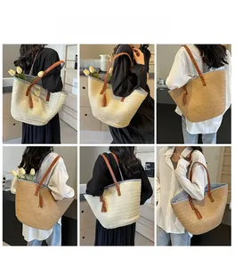 Collage of model wearing a large straw tote bag with leather straps and tassel in a cafe