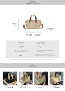 Detailed size chart for canvas tote bag with measurements and four color options