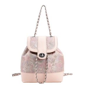 Pink floral jacquard chain backpack with leather patchwork and silver twist lock