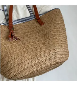 Detail of hand-woven straw tote with leather straps, tassel charm and striped lining