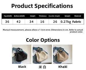 Size chart and dimensions for the large capacity canvas tote bag in three colors