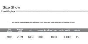 Size chart for the PU leather bucket bag with 21x17x10cm dimensions and weight info