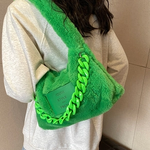 Fuzzy green plush hobo tote bag with acrylic chain strap and youth style patch logo