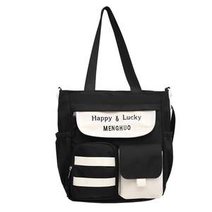 Large capacity black and white Oxford cloth tote bag with Happy & Lucky print