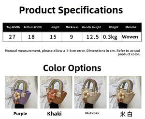Tabella taglie dettagliata per borsa in paglia intrecciata con misure e vari colori