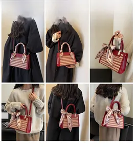 Collage of a woman wearing a red houndstooth crossbody bag with a heart silk scarf