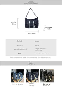 Size chart for large denim tote bag showing dimensions 40x31x11cm and fabric specs