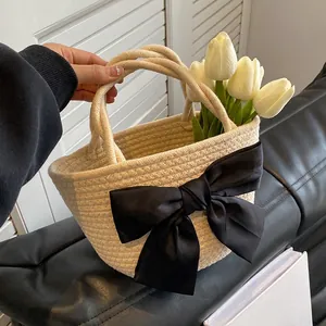 Grande Borsa a Mano Intrecciata in Paglia Con Fiocco in Raso Elegante Borsa per Vacanze Donna Stile Dolce Quotidiano