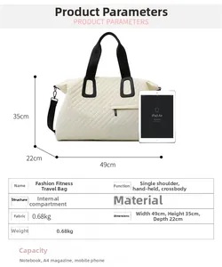 Detailed size comparison of beige quilted travel bag with iPad Air and dimensions table