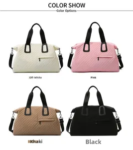Detailed color selection showing quilted travel bags in beige, pink, khaki, and black