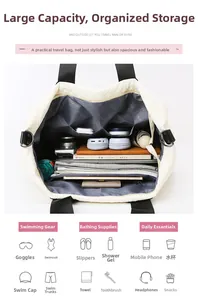 Internal storage view of white quilted travel bag with functional compartments for gear