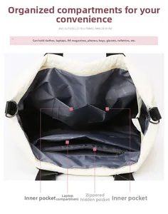 Detail view of large travel bag interior featuring laptop compartment and quilted design