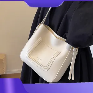 Women Fashion Large Capacity PU Leather Bucket Bag Street Trend Crossbody Bag With Wide Geometric Woven Strap Gold Hardware