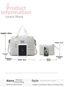 Detailed size chart for large capacity oxford travel bag showing dimensions and two-piece set