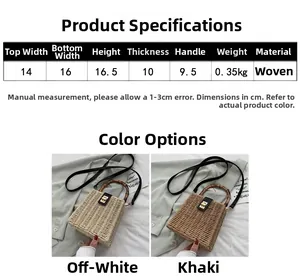 Size chart for woven straw box bag with detailed dimensions in centimeters and material info