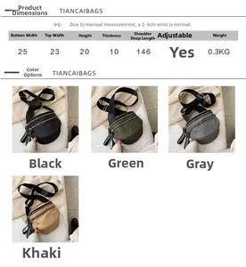 Size guide for nylon crossbody bag showing 25x20x10 cm dimensions and adjustable strap