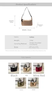 Detailed size specifications and five-color display of large casual canvas hobo bags
