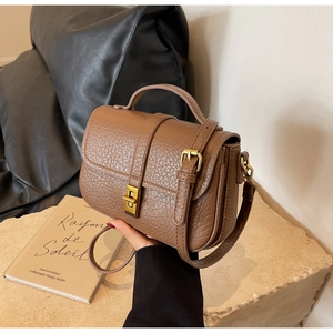 Detail of vintage brown textured small square bag with gold buckle and top handle