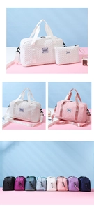 Quilted travel bag detail showing reinforced handles and adjustable straps in 8 colors