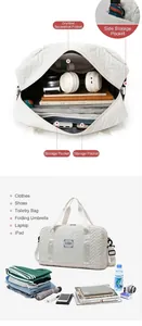 Detail of white quilted travel bag with large capacity storage and wet dry compartments