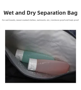 Detail of waterproof wet-dry separation pocket with silicone travel bottles inside