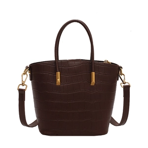 Deep brown crocodile embossed bucket bag for women with gold hardware and top handle