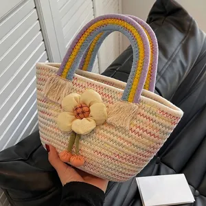 Sac à Main Tressé Pastoral Avec Poignée Arc-en-ciel Et Décoration Florale En Tissu Sac Fourre-tout En Corde De Coton Pour Femme Plage Été