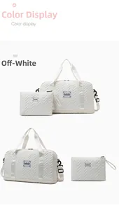 Off-white large capacity travel bag set with V-shaped quilting and small pouch