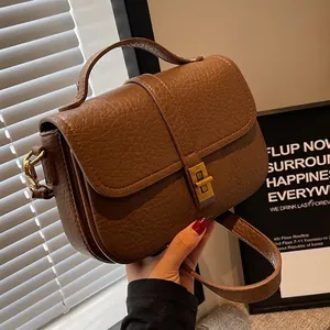 Vintage Litchi Pattern PU Leather Square Crossbody Bag For Women Fashion Top Handle Small Shoulder Bag With Gold Metal Lock