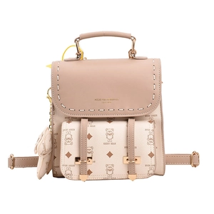 Petit sac à dos en cuir rose pour femme avec motif ours et surpiqûres blanches