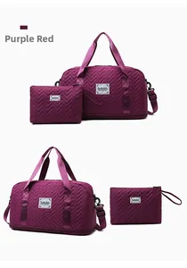 Macro detail of large burgundy travel bag set featuring V-shaped quilted texture