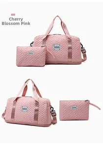 Quilted cherry pink duffel bag set with matching pouch and padded shoulder strap